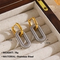 Two-tone 18K gold plated stainless steel hoop earrings with textured silver oval drop - Two-tone Oval Earrings / Gold and Steel Mix 1