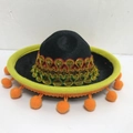 Mini black felt Mexican sombrero headband with yellow brim and orange pom poms - Black Style-Orange Pompoms-Ethnic Embroidery