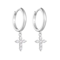 Detailed view of S925 sterling silver hoop earrings with diamond-set cross charms - 925 Silver / Silver