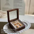 Square walnut wood jewelry box with patterned glass lid and velvet ring slots - Walnut White Flower Glass Linen Ring Box