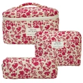 Floral quilted cotton makeup bag set in beige with red flowers, three-piece storage kit - Rose Red on White