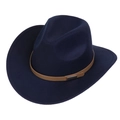 Macro detail of navy wool felt fedora with brown leather strap and silver buckle - M (56-58cm) / 165 Series-Rectangular Metal Buckle / Navy Blue