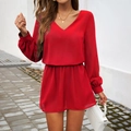 Robe rouge élégante à col en V et manches bouffantes avec taille élastique pour femme - S / Rouge