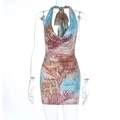 Rückenfreies Neckholder-Minikleid mit tropischem Blatt- und Leopardenprint in Blau-Rosa - S / Khaki