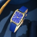 Business women's quartz watch with gold rectangular case and blue leather strap - Blue Watch Only