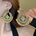 Detailed close-up of ethnic style drop earrings with green enamel and pearl tassels - 5# Gorgeous Ethnic Enamel (Green-White)
