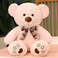 Pink teddy bear plush toy with curly fur, brown checkered bow, and heart foot embroidery - Lotus root pink / 35cm
