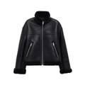 Veste aviateur noire pour femme en similicuir avec col en peau de mouton et fermoirs argentés - XS / Noir