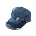 Detail of distressed dark blue denim baseball cap showing vintage frayed holes and texture - M (56-58cm) / Navy Blue