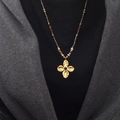 Vintage gold tiger eye beaded necklace with a clover pendant and black stone inlay - 86# Gold Coffee Real Gold Plated Pendant Necklace
