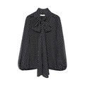 Retro zwarte chiffon cape blouse met witte stippen, grote strikkraag en lange mouwen - XS / Zwart