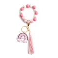 Pink and white beaded mama keychain bracelet with rainbow pendant and leather tassel - Pink (Pure Wood Bead)