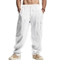 Men's white lightweight cargo pants with linen texture and loose straight leg cut - S / Bottoms / White