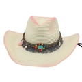 Panama straw hat with pink gradient and bohemian beaded turquoise tassel band - Milky White (Ethnic Style)