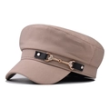 Detail of beige baker boy cap featuring a black decorative band and gold bit buckle - One Size / Khaki