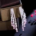 Macro detail of elegant long tassel earrings with layered pink and white zircon drops - S925 Silver Pin/Pink White Zirconia