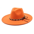 Detail of orange wool fedora featuring a golden chain link and black leather ribbon bow - M (56-58cm) / Orange