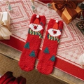 Red coral fleece Christmas socks featuring plush snowman and green tree patterns - One Size / Scarf Funny Clown