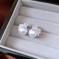 Detail of silver stud earrings with round white pearl and star-shaped zircon in jewelry box - Star Wing Pearl Style / Silver White (White Pearl)