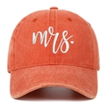 Detailed embroidery of white Mrs text and heart on vintage washed orange cotton baseball cap - Orange Mrs.