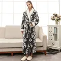 Thick black and white floral flannel robe for women with white faux fur shawl collar and belt - Navy Black Women