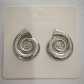 Silver snail shell stud earrings with spiral texture on white fashion jewelry card - Steel Swirl Shell (H-93)