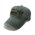 Close-up of vintage Los Angeles 3D embroidery on washed dark grey denim baseball cap - M (56-58cm) / Army Green