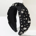 Close-up of black knotted headband with silver metal beads and sparkling rhinestones - Black