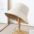 Khaki and white checkered bucket hat with long chin ties and a metal accent - M (56-58cm) / Khaki Plaid