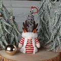 Gnome ornament with gray sequin hat and deer antlers on festive wood stand - Antler Sequin Female / Gray