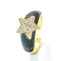 Adjustable black enamel star ring with gold finish and sparkling crystal accents - Adjustable Open / Black