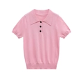 Pink short sleeve knit POLO shirt for women with contrast buttons and ribbed cuffs - S / Tops / Pink