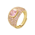 Luxury gold open ring with a large pink square stone and micro-pave crystals on white background - Gold Pink Zirconia / Gold Pink Zirconia