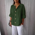 Casual dark green V-neck cotton linen T-shirt with short sleeves and button detail - 3XL / Green (4 Buttons)