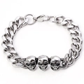 Silver Cuban link bracelet for men with three detailed punk skull charms and clasp - Skull Eighteen / Silver