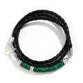 Men's triple-wrap black braided leather bracelet with green malachite-style beads - Black Woven Leather Cord With Green Malachite Beads / Green