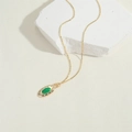French vintage gold necklace with green oval zircon pendant and delicate chain - Green