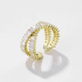 Close-up of triple-layer gold open ring with baguette-cut cubic zirconia crystals - Spiral Zirconia