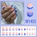 French Klein blue and white press-on nail kit with 24 pieces and line art design - Glue Type / French Blue and White Lines (W1455)
