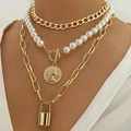 Golden multi-layer baroque pearl necklace with queen coin and lock charms for women - Three Layer Lock Queen Coin Style (10)