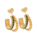 Close-up of C-shaped 18k gold plated stainless steel earrings with green stones - Gold Beaded Green Zirconia C-Shape Style (E155-2)