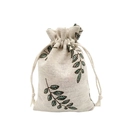 Pastoral style drawstring cotton bag with green and blue leaf patterns on natural linen - 10*14cm / Green Leaf