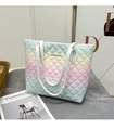 Close-up of pink and green gradient tote bag with quilted diamond pattern on a marble table - Light Yellow (Rhombus Pattern)