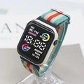 Digital sport watch with red and green striped nylon strap and square black dial display - Green Apricot Red Patchwork