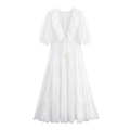 Witte kanten maxi-jurk met V-hals, trekkoord in de taille en gelaagde rok met ruches - XS / Wit