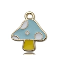 Light blue and yellow enamel mushroom charm with golden trim and white polka dots - Blue