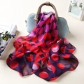 Polka dot chiffon scarf with red and purple prints paired with a blue handbag - Large Polka Dot Purple