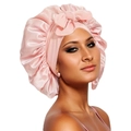 Pink satin silk sleep bonnet with bow detail for women hair care and nighttime protection - Large Single Layer Ribbon / Coral Pink