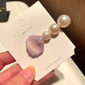Detail of Korean style hair clip with gradient purple shell and faux pearls decoration - 7* Beaded Large Shell - Purple