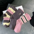Three-pack of women's ribbed cotton crew socks in brown and pink with bear embroidery - Pink Stripe Three Pairs Set